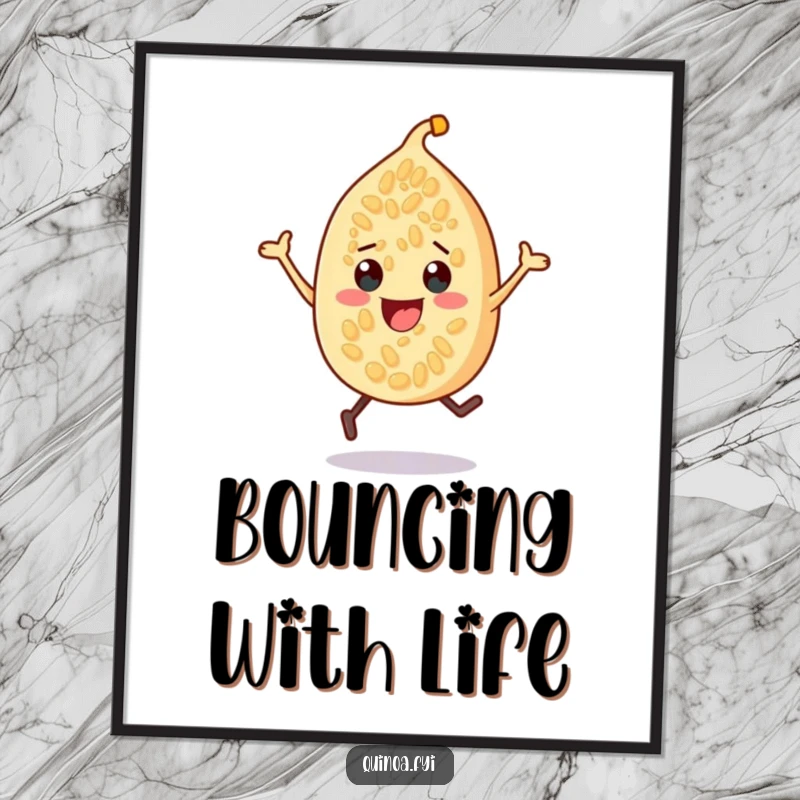 Funny quinoa seed poster design, showing a cheerful character energetically bouncing with pure, unadulterated joy and vibrancy.