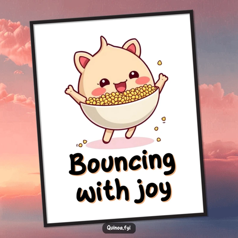 Funny cheerful, anthropomorphic quinoa bowl bouncing energetically poster, depicting a lively and spirited character in a dynamic pose.