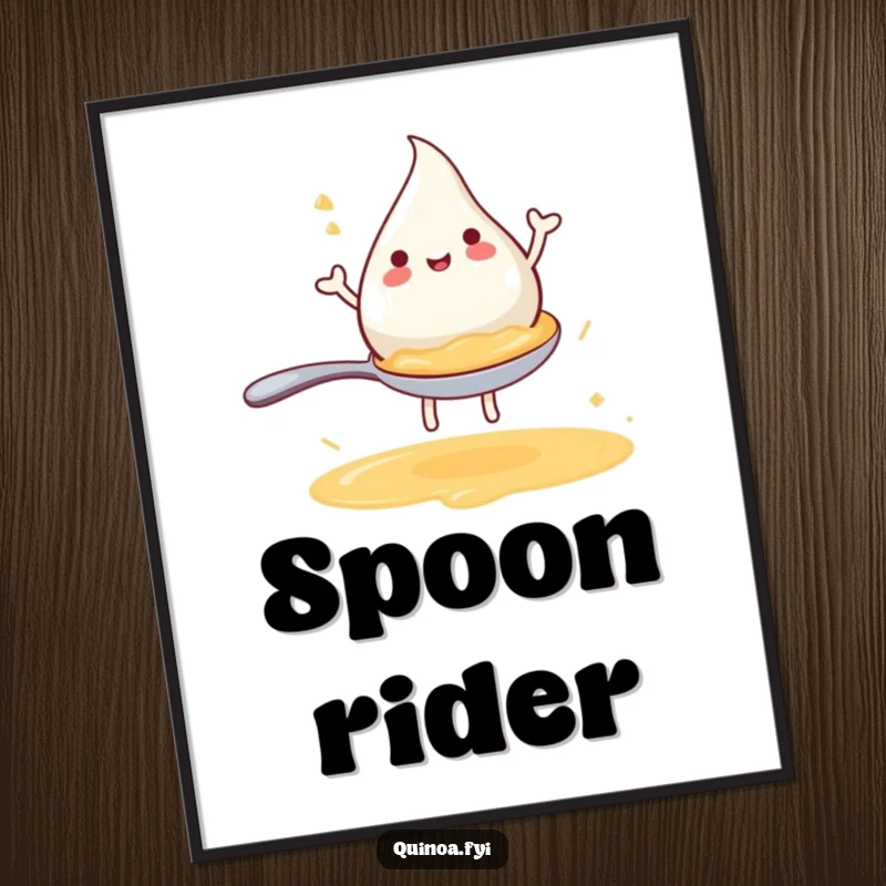 Funny poster featuring a joyful anthropomorphic broth droplet happily riding a miniature spoon, bringing whimsical charm to walls.