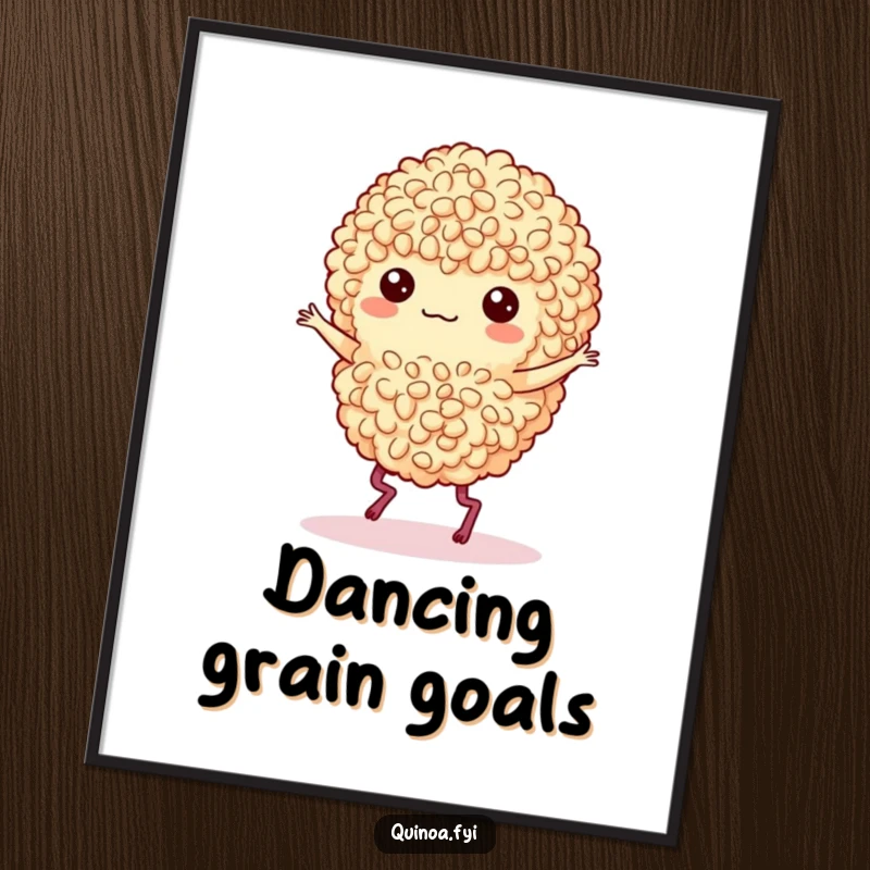 Funny poster of a quinoa cluster with legs doing a joyful and energetic jig dance.