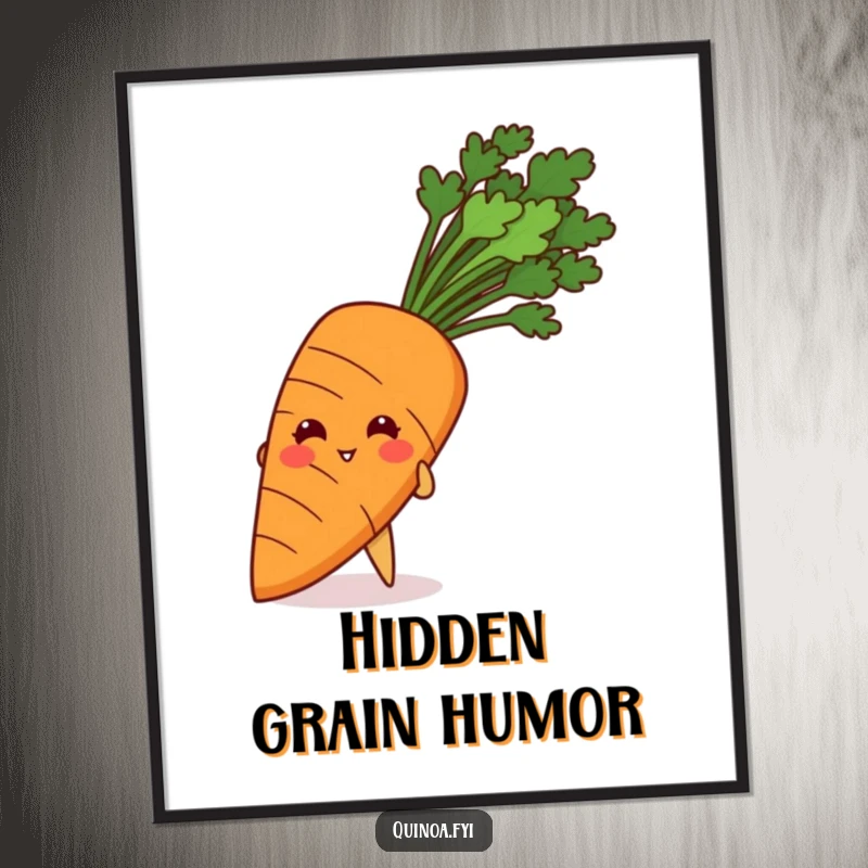Funny poster of a tiny, giggling quinoa grain peeking playfully from behind a large, friendly carrot.
