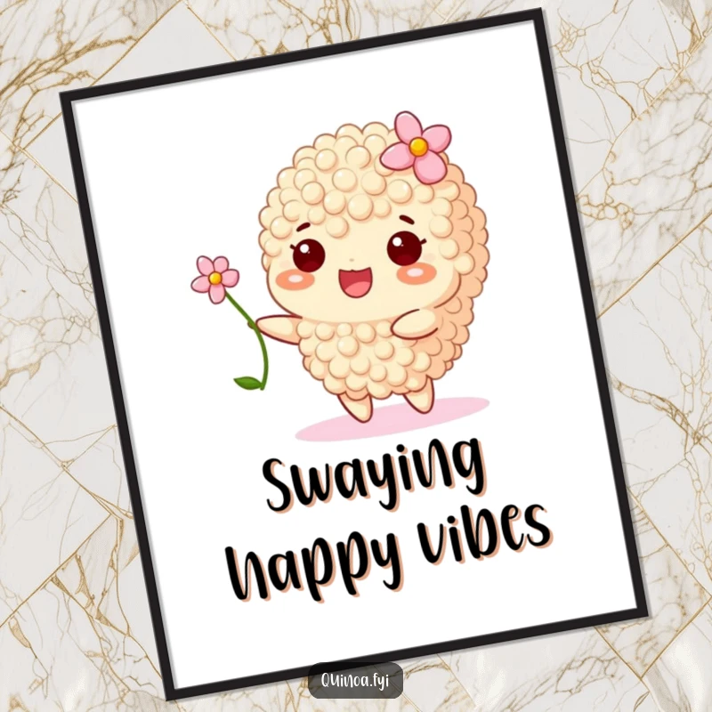 Funny poster art of a smiling quinoa grain wearing a flower, swaying gently in a peaceful motion.