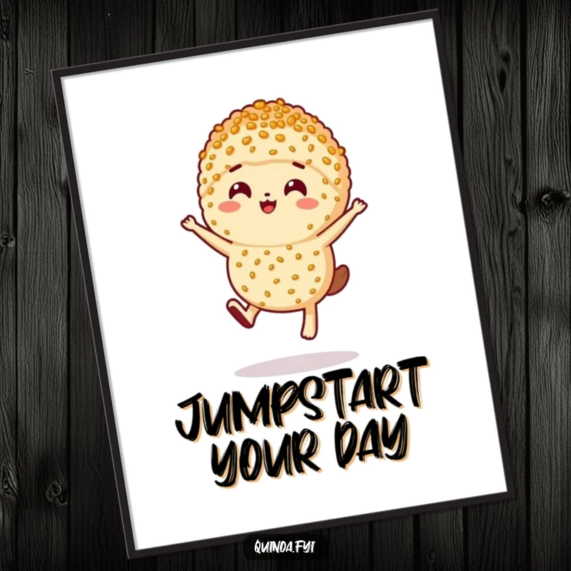 Funny anthropomorphic serving of quinoa with a happy expression, captured in a joyful leap.