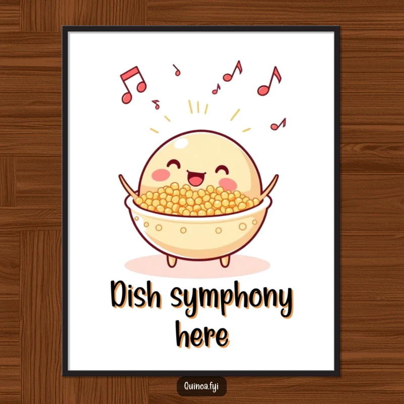 Funny beaming, anthropomorphic quinoa dish with musical notes floating poster, creating a vibrant and cheerful piece of art for any kitchen.