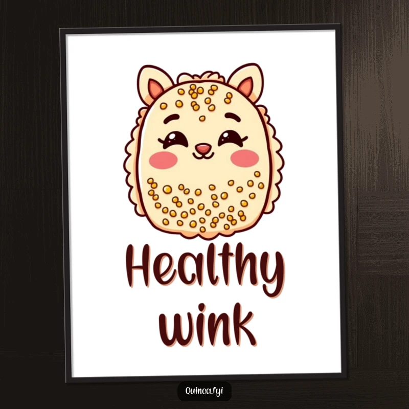 Funny quinoa bar poster art: a cheerful bar with smiling eyes playfully winks, bringing healthy cheer.