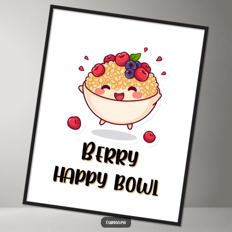 Funny poster art of an anthropomorphic bowl of cooked quinoa with tiny berries energetically bouncing, full of vibrant motion.