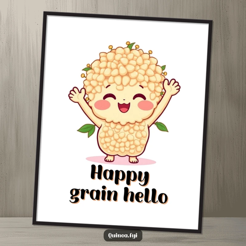 Funny poster art of a smiling bunch of quinoa with arms waving happily, spreading cheerful vibes.