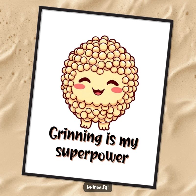 Funny poster featuring a smiling quinoa cluster character with a prominent cheeky grin, adding a playful focal point.