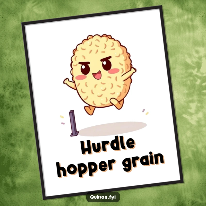 Funny Poster of a cheerful quinoa character determinedly leaping over a small hurdle, a humorous and motivational piece for wall decor.