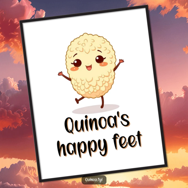 Funny poster art of a joyful quinoa grain with legs performing a lively jig, bringing bright energy.