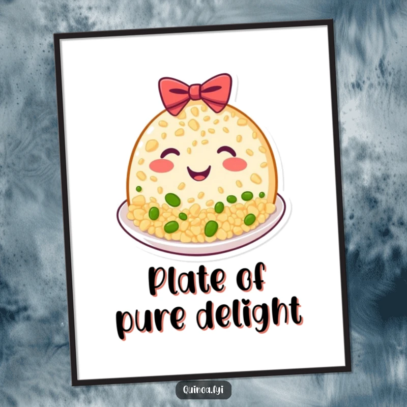 Funny Quinoa Plate Poster print of a beaming, grinning plate of quinoa performing a polite bow, great funny gift.