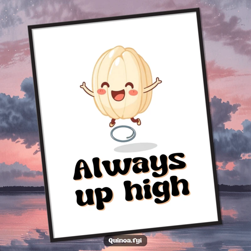 Funny poster featuring a smiling anthropomorphic grain of rice joyfully bouncing on a tiny spring, bringing vibrant energy and happiness to wall decor.