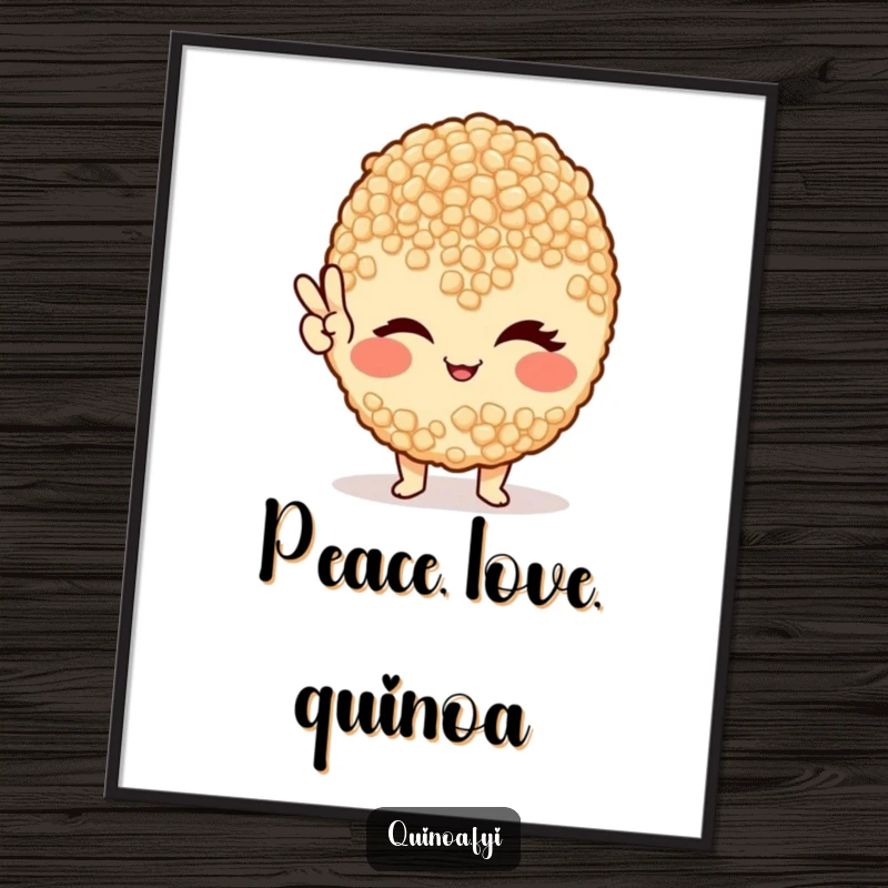 Funny poster art showcases a single, highlighted quinoa grain winking and giving a peace sign, a cheerful addition.