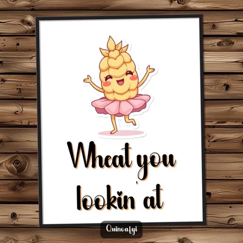 Funny Poster: A wobbly anthropomorphic wheat grain in a tutu performs a charming and playful pose, full of endearing dance energy.