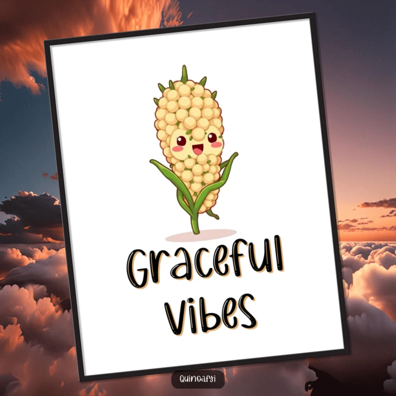 Funny quinoa stalk character poster, gently swaying with a peaceful and delightful expression, ideal for creating a calming atmosphere.