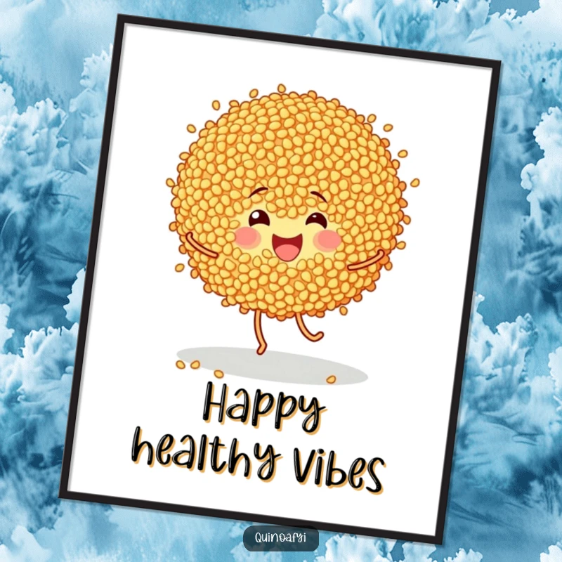 Funny poster of cheerful quinoa grains doing a happy little dance, bringing playful and healthy humor to any wall.