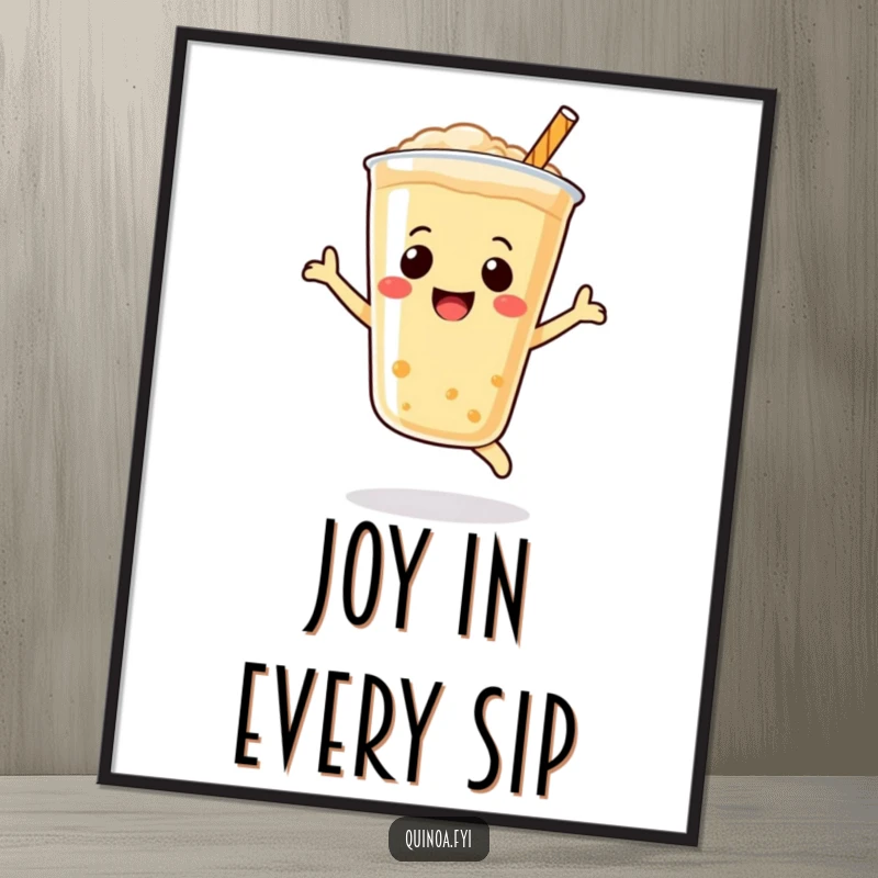 Funny Quinoa Drink Poster print featuring a bubbly, smiling character in a dynamic, joyful leap, excellent funny gift.