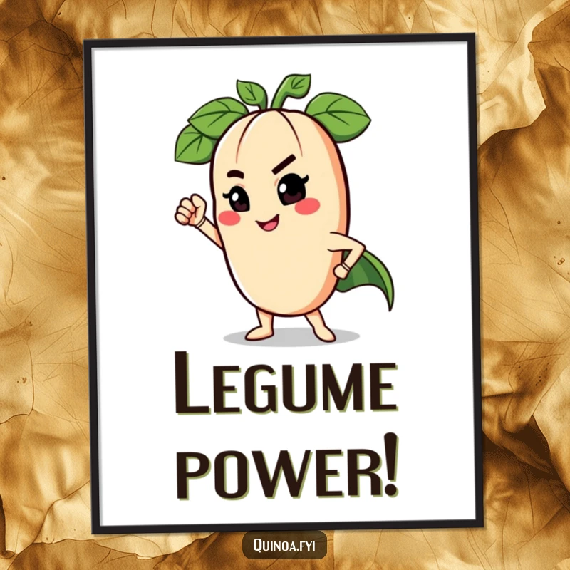 Funny poster featuring a charming anthropomorphic legume winking and posing as a superhero, bringing a humorous vibe to any room.