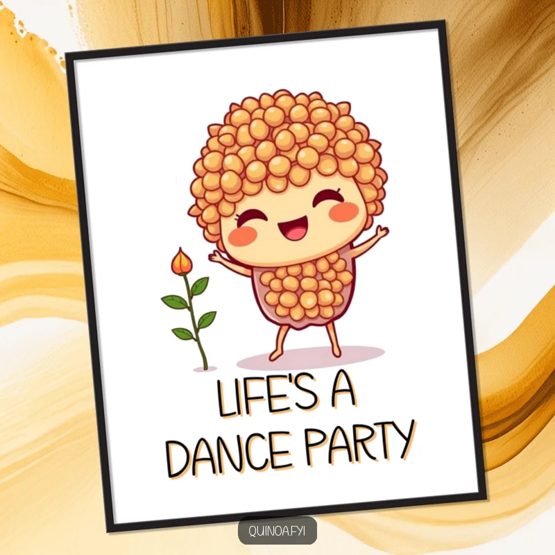 Funny Quinoa Dance Poster: A joyful quinoa character dancing merrily with a tiny sprout, ideal for adding humor to any wall.