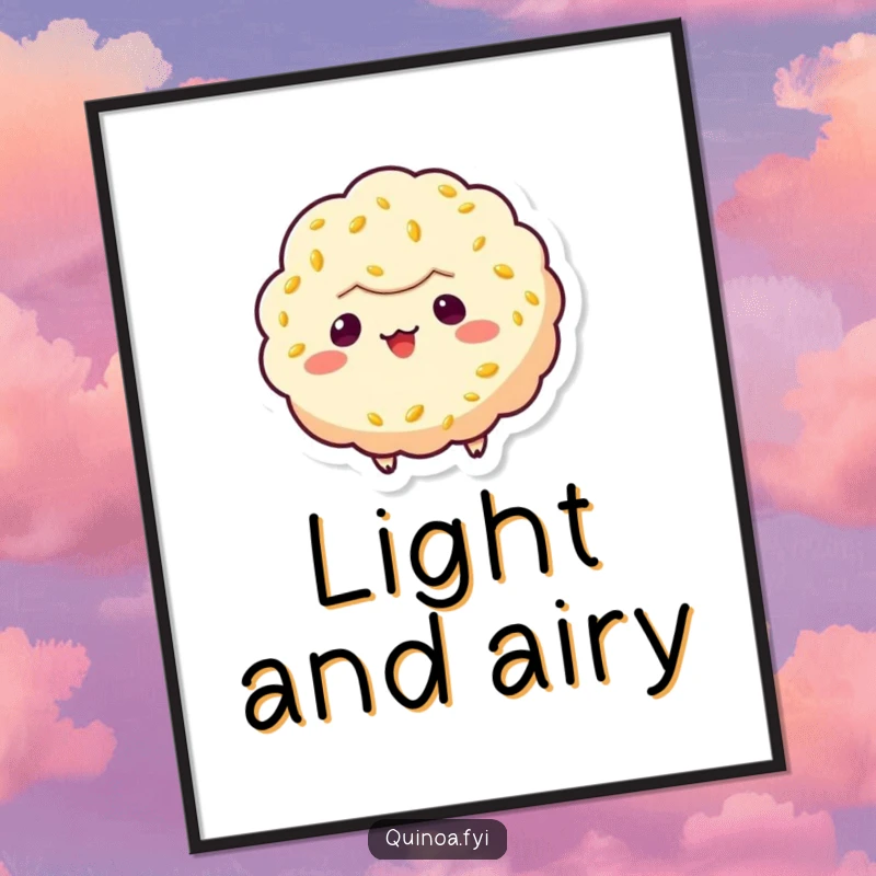 Funny quinoa puff character poster, floating with a mischievous grin, adding a touch of playful energy and cheeky charm to decor.