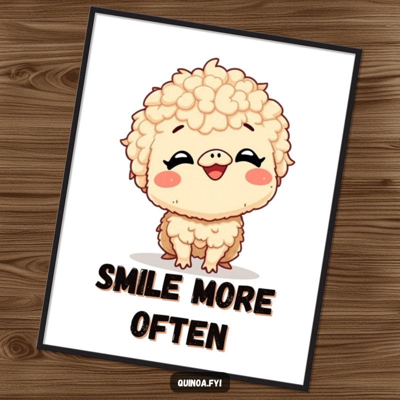 Funny poster of a giggling quinoa creature with a very large, excited smile, capturing a moment of pure, unadulterated joy.