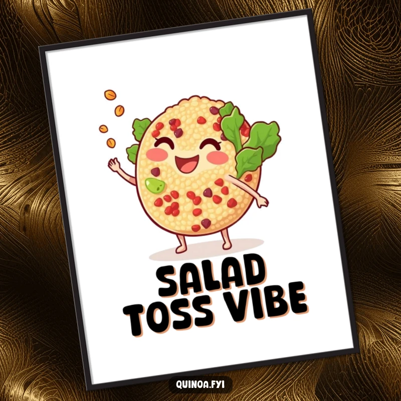 Funny smiling, anthropomorphic quinoa salad tossing a tiny grain poster, creating a cheerful and artistic depiction of a playful food character.