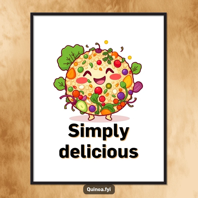 Funny quinoa salad poster, showcasing a smiling bowl of colorful ingredients, bringing happiness and healthy vibes to wall decor.