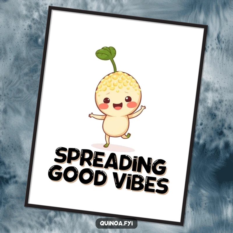 Funny poster capturing a cheerful quinoa sprout character in a joyful hop, bringing dynamic energy and happiness to wall art.