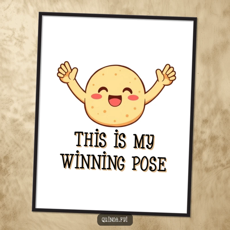 Funny poster displaying an enthusiastic quinoa patty character joyfully celebrating, adding a playful touch to any wall decor.