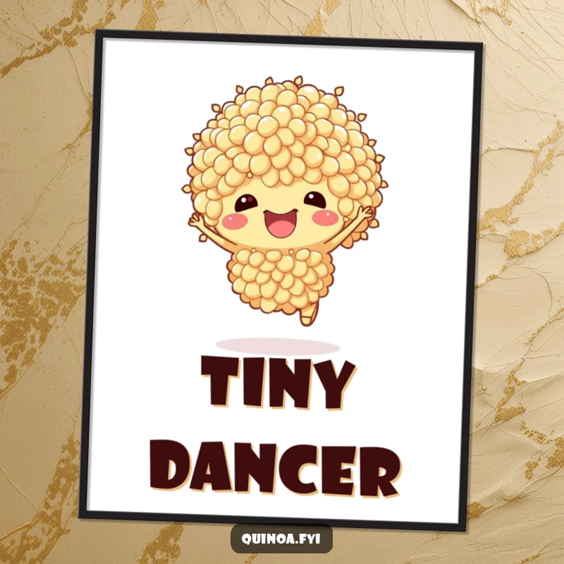 Funny Quinoa Poster: A delightful anthropomorphic quinoa cluster executes a celebratory hop, bringing joy and vibrant energy to wall art.