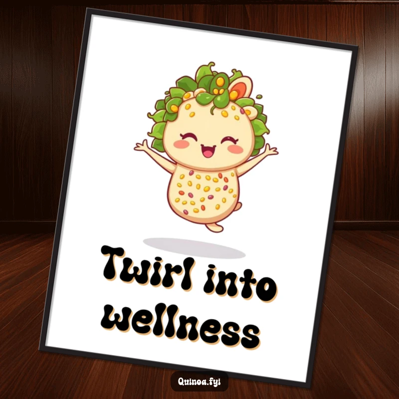 Funny anthropomorphic quinoa salad winking and performing a twirl, a vibrant and humorous art print.