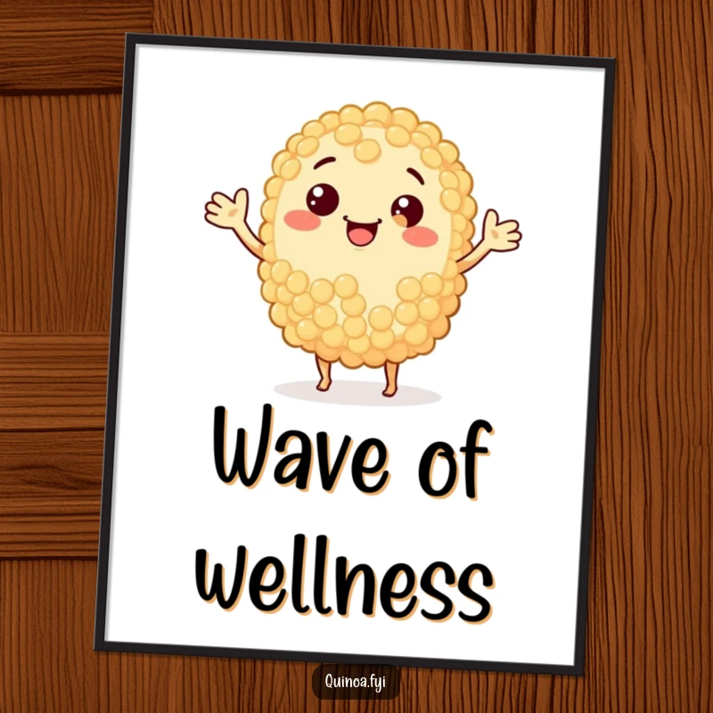 Funny smiling anthropomorphic quinoa grain with arms waving, a vibrant and humorous art print.