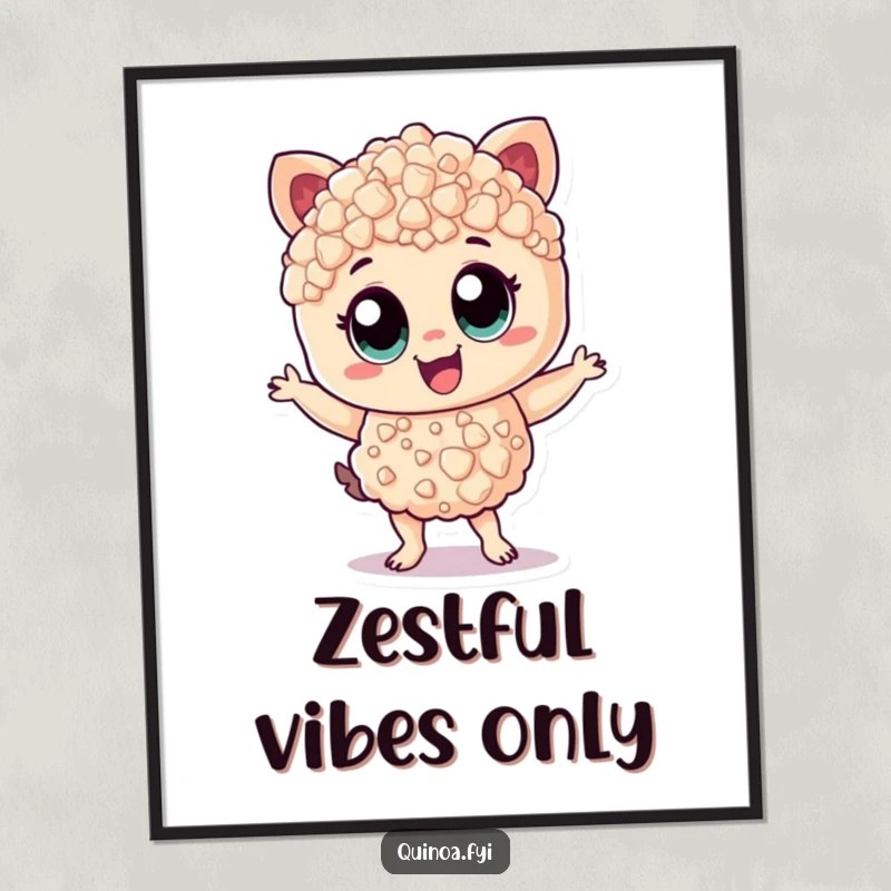 Funny Poster: Cheerful quinoa character with wide eyes, dancing with zest, a humorous and lively art piece.