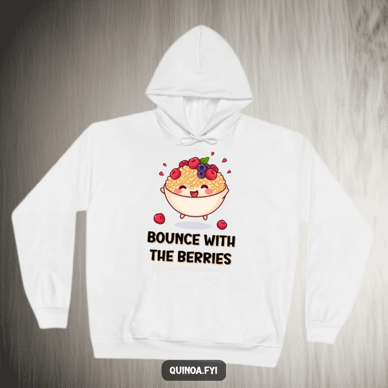 Funny hoodie art of an anthropomorphic bowl of cooked quinoa with tiny berries bouncing, radiating warmth and fun.