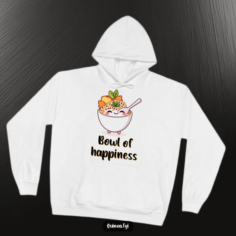 Funny and cozy hoodie featuring a smiling quinoa bowl character with a playful spoon, perfect for wholesome humor.