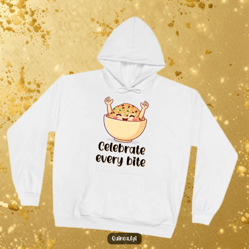 Funny Hoodie with a smiling quinoa bowl in a celebratory pose, offering cozy comfort and a humorous, festive vibe.
