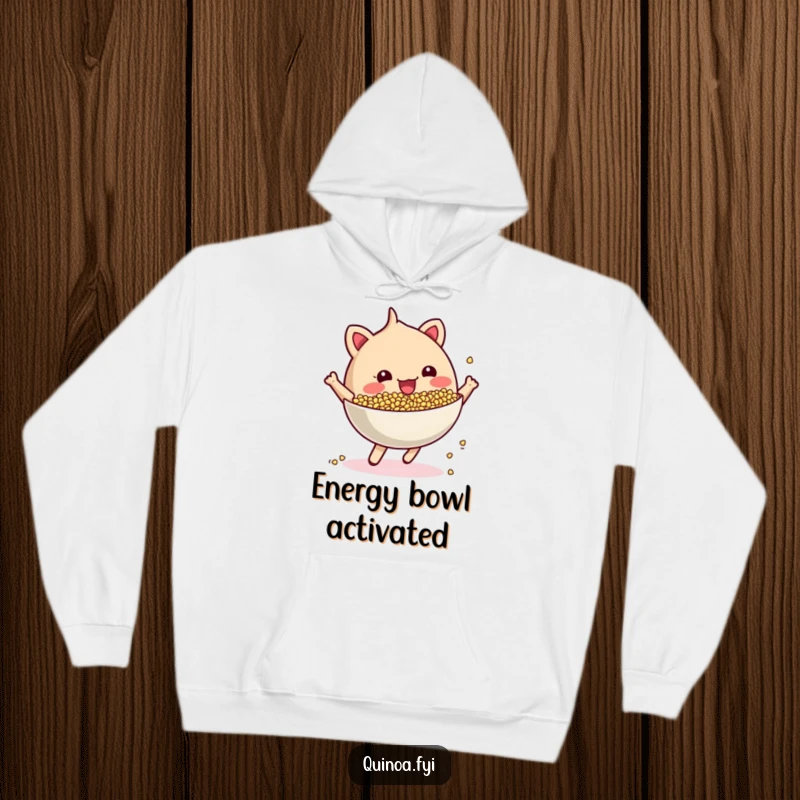 Funny cheerful, anthropomorphic quinoa bowl bouncing energetically hoodie, designed for comfort and a playful spirit.