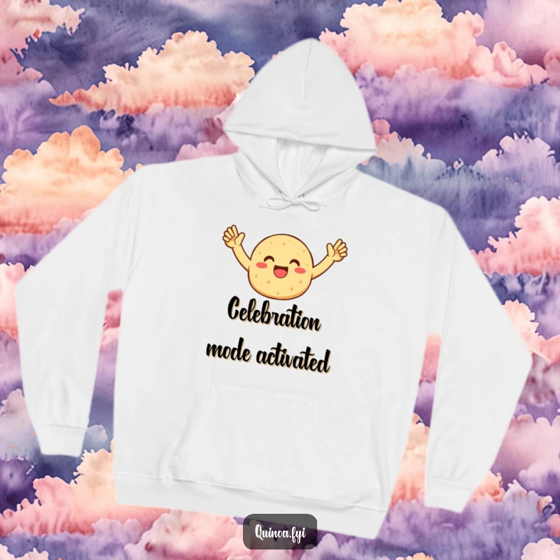 Funny hoodie featuring a joyful quinoa patty character in mid-celebration, arms enthusiastically raised, bringing warmth and laughter.