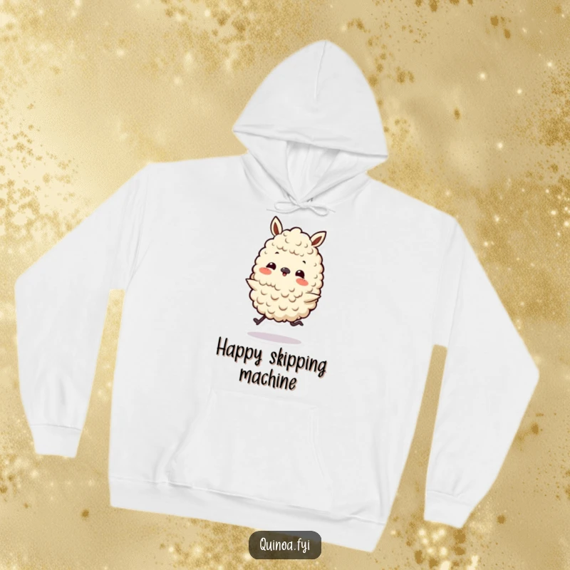 Funny hoodie featuring a playful quinoa character with tiny legs doing a happy skip, offering warmth and a dose of cheerful bounce.
