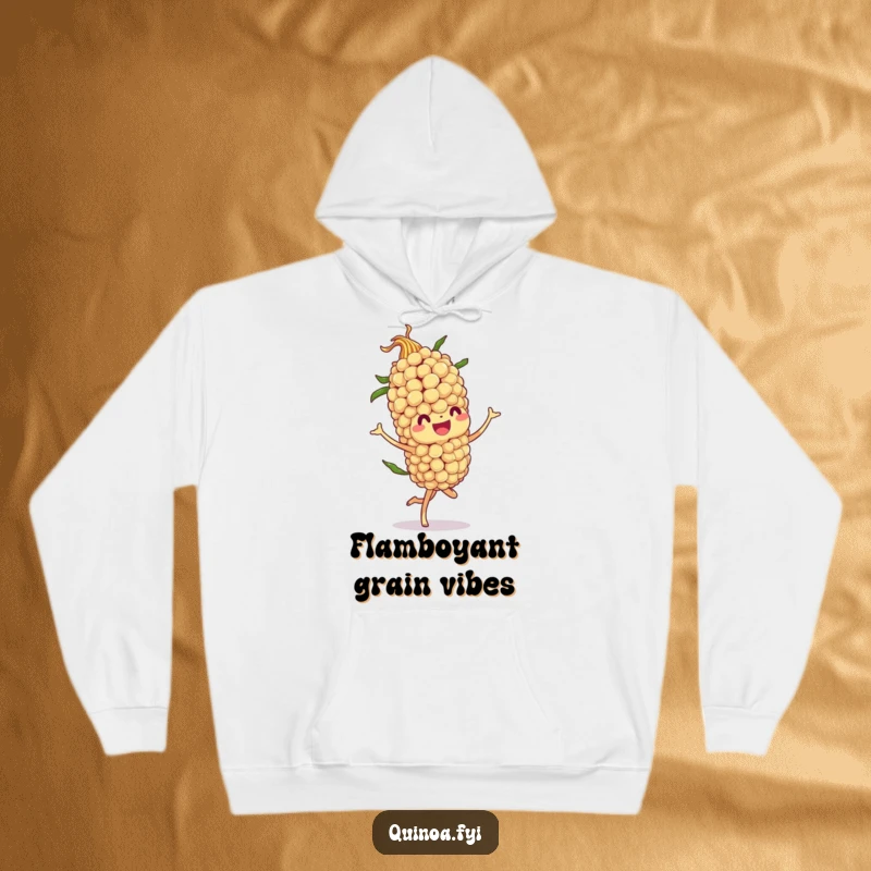 Funny hoodie featuring a jovial quinoa stalk character in a flamboyant twirl, offering warmth and a dose of happy energy.