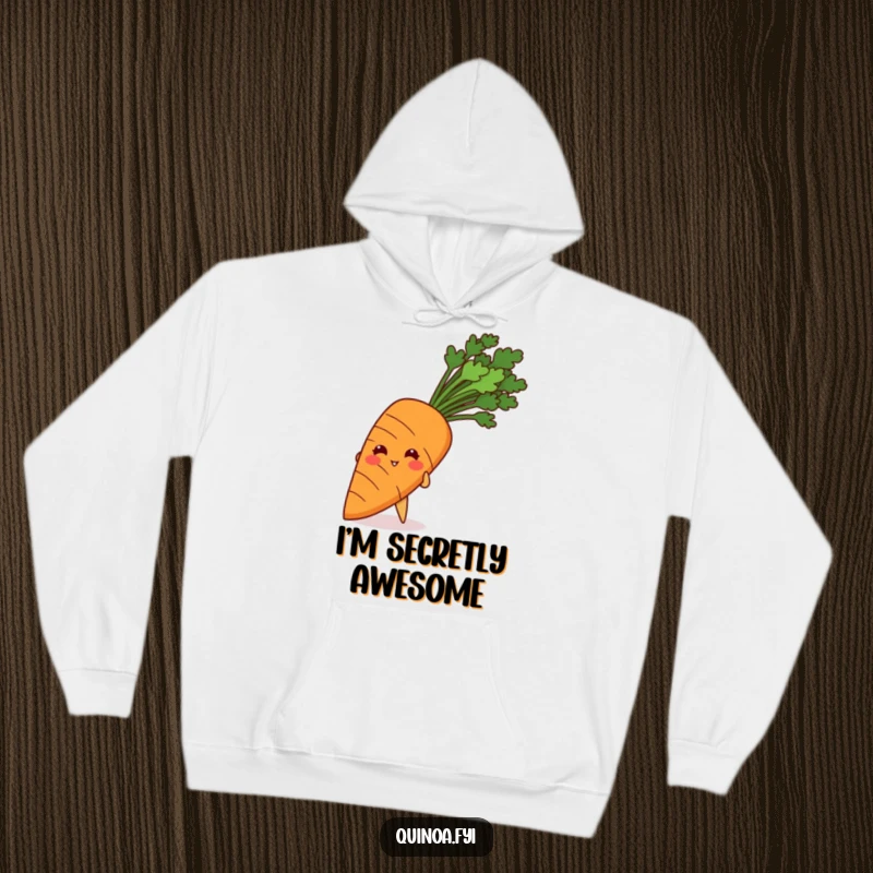 Funny hoodie featuring a giggling quinoa grain hiding behind a giant carrot, full of playful mischief.