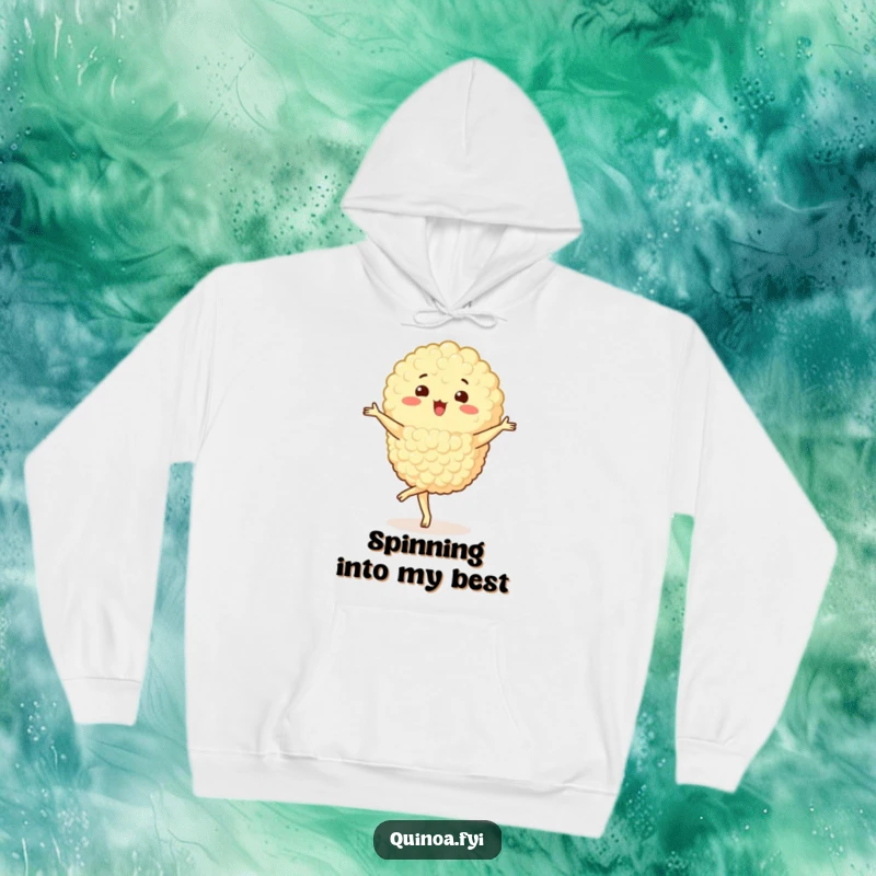 Funny Quinoa Cluster Hoodie featuring a happy character performing a pirouette, offering warmth and a touch of playful elegance.