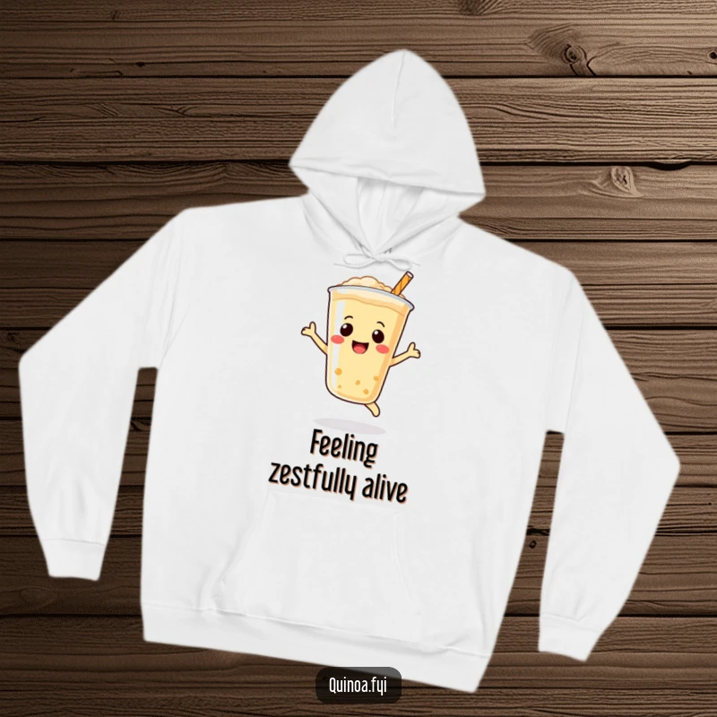 Funny Quinoa Drink Hoodie featuring a smiling, bubbly beverage leaping with pure joy, a fantastic funny gift.