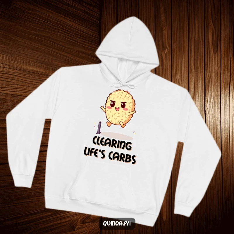 Funny Hoodie with a cheerful quinoa character leaping over a hurdle, offering warmth and a humorous reminder to push forward.