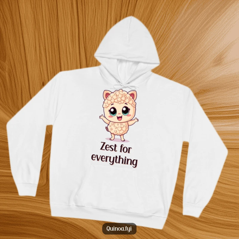Funny Hoodie: Cheerful quinoa character with wide eyes, dancing with zest, a warm and humorous design.