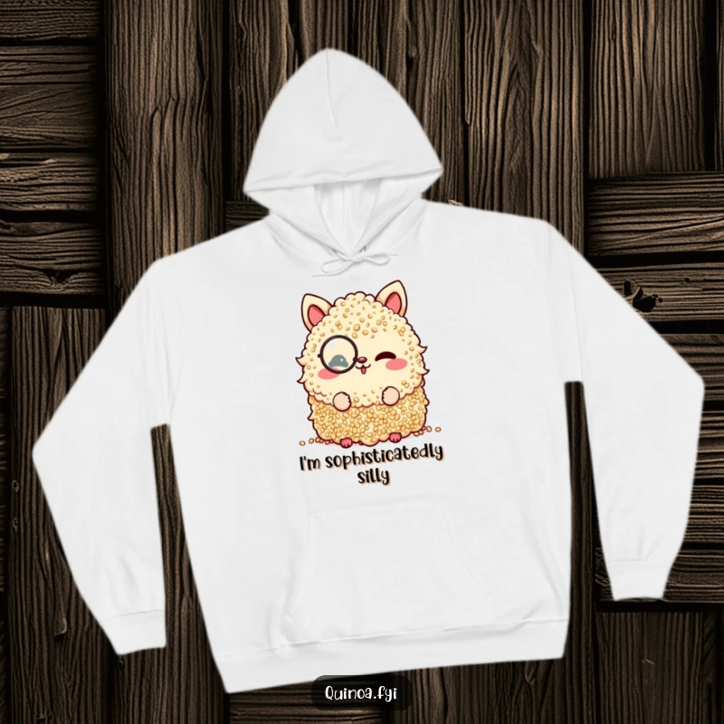 Funny hoodie featuring a sophisticated quinoa pile wearing a monocle, winking with playful elegance.