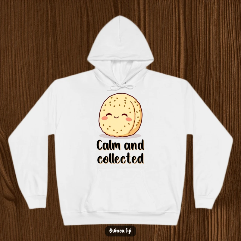 Funny quinoa patty character hoodie, smiling serenely with a contented expression, offering warmth and a sense of peaceful comfort.