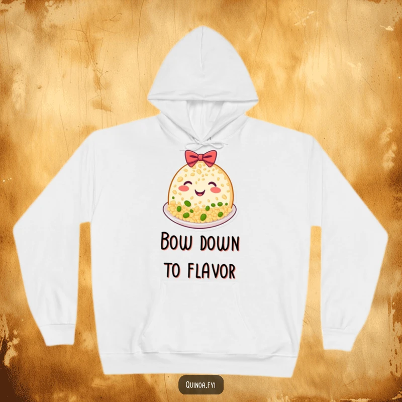 Funny Quinoa Plate Hoodie depicting a beaming, grinning plate of quinoa in a respectful bow, wonderful funny gift.