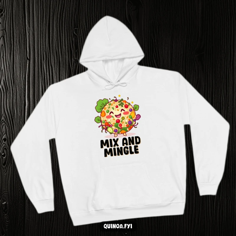 Funny quinoa salad character hoodie, depicting a happy bowl of colorful ingredients, offering warmth and a sense of culinary joy.