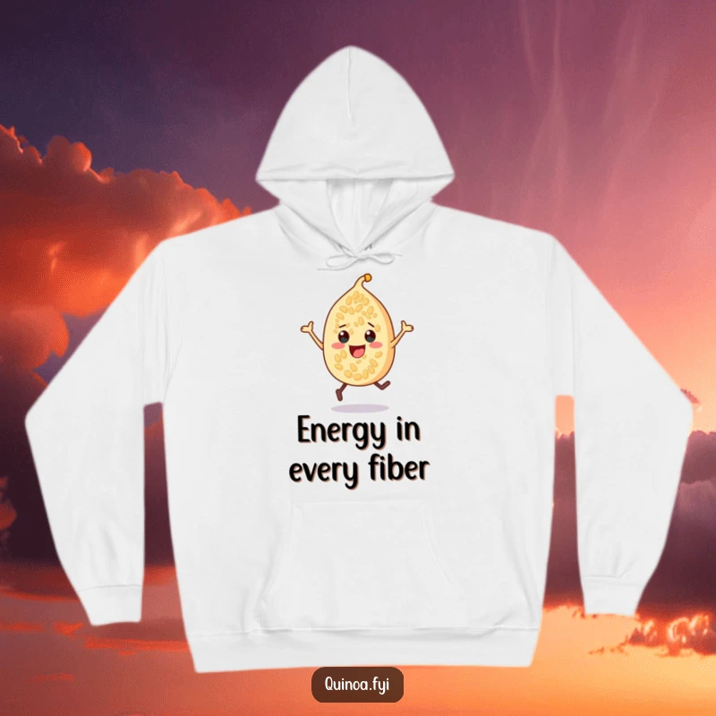 Funny quinoa seed character hoodie, captured mid-bounce with a cheerful expression, radiating warmth and playful energy for cozy days.
